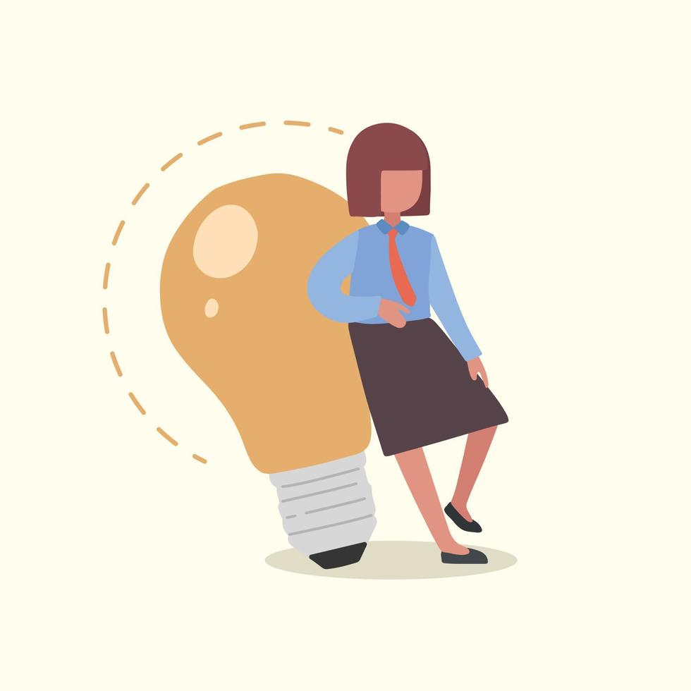 Business concept flat smart businesswoman leaning on big light bulb. Business people have ideas leaning against lamp symbol is good idea. Innovation and inspiration. Graphic design vector illustration