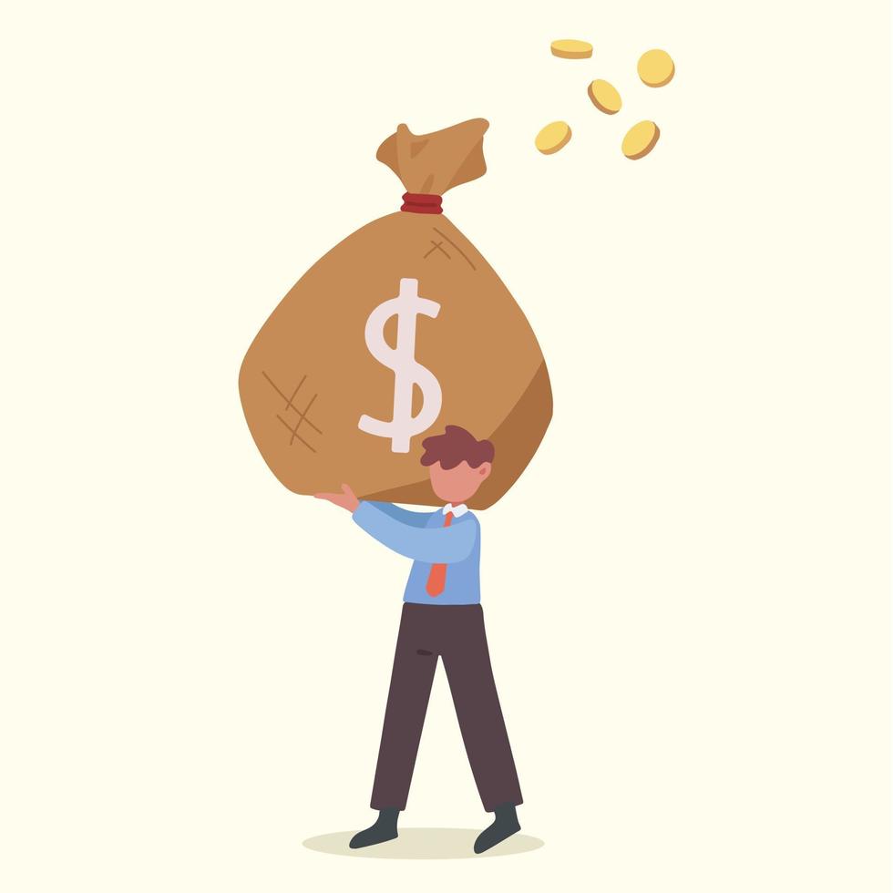 Business concept flat happy businessman lifting sack of money payday. Male manager holding large bag full of money. Worker carrying big heavy sack full cash money. Graphic design vector illustration