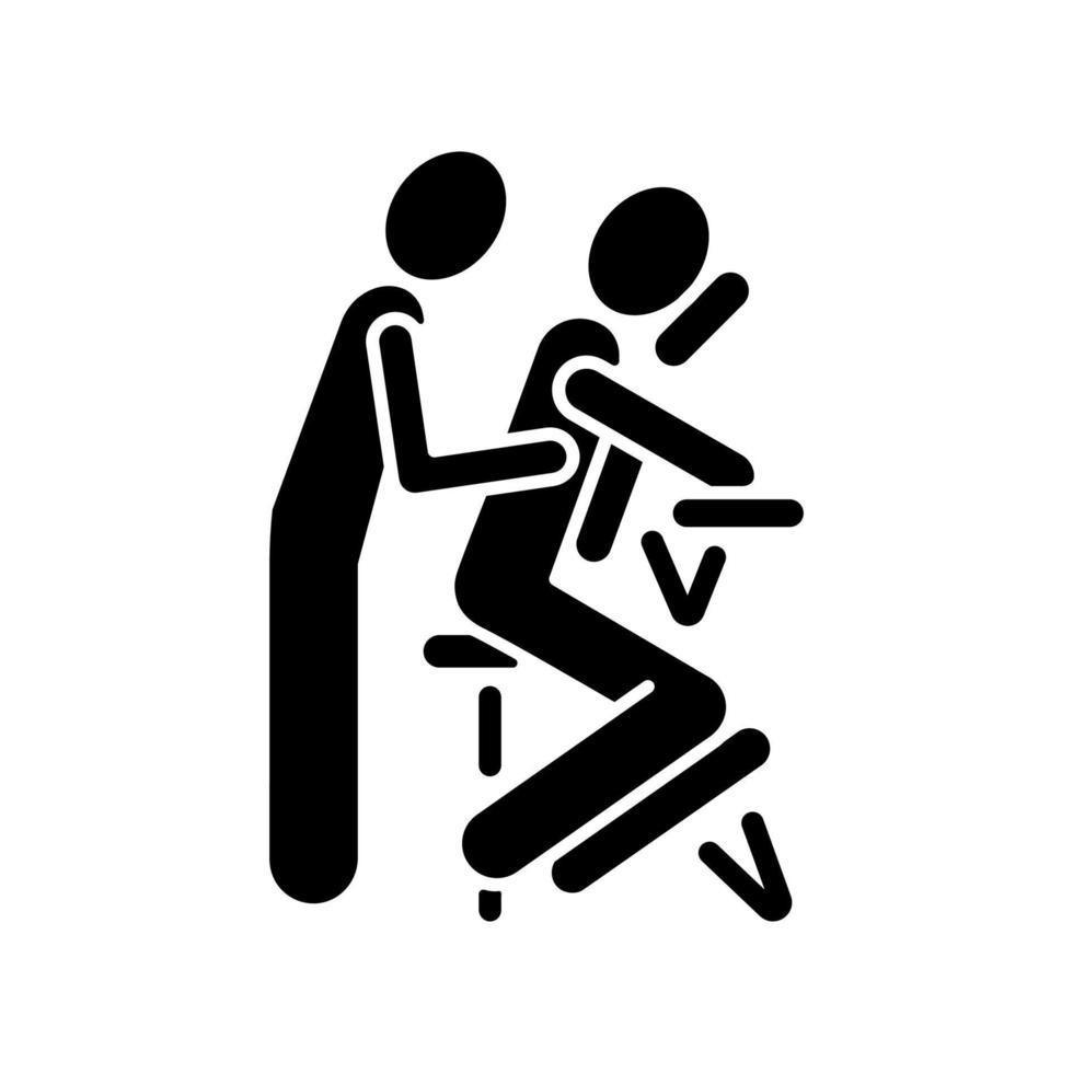 Chair massage black glyph icon. Performing treatment in seated position. Relaxing muscles in upper body. Stress-reducing techniques. Silhouette symbol on white space. Vector isolated illustration