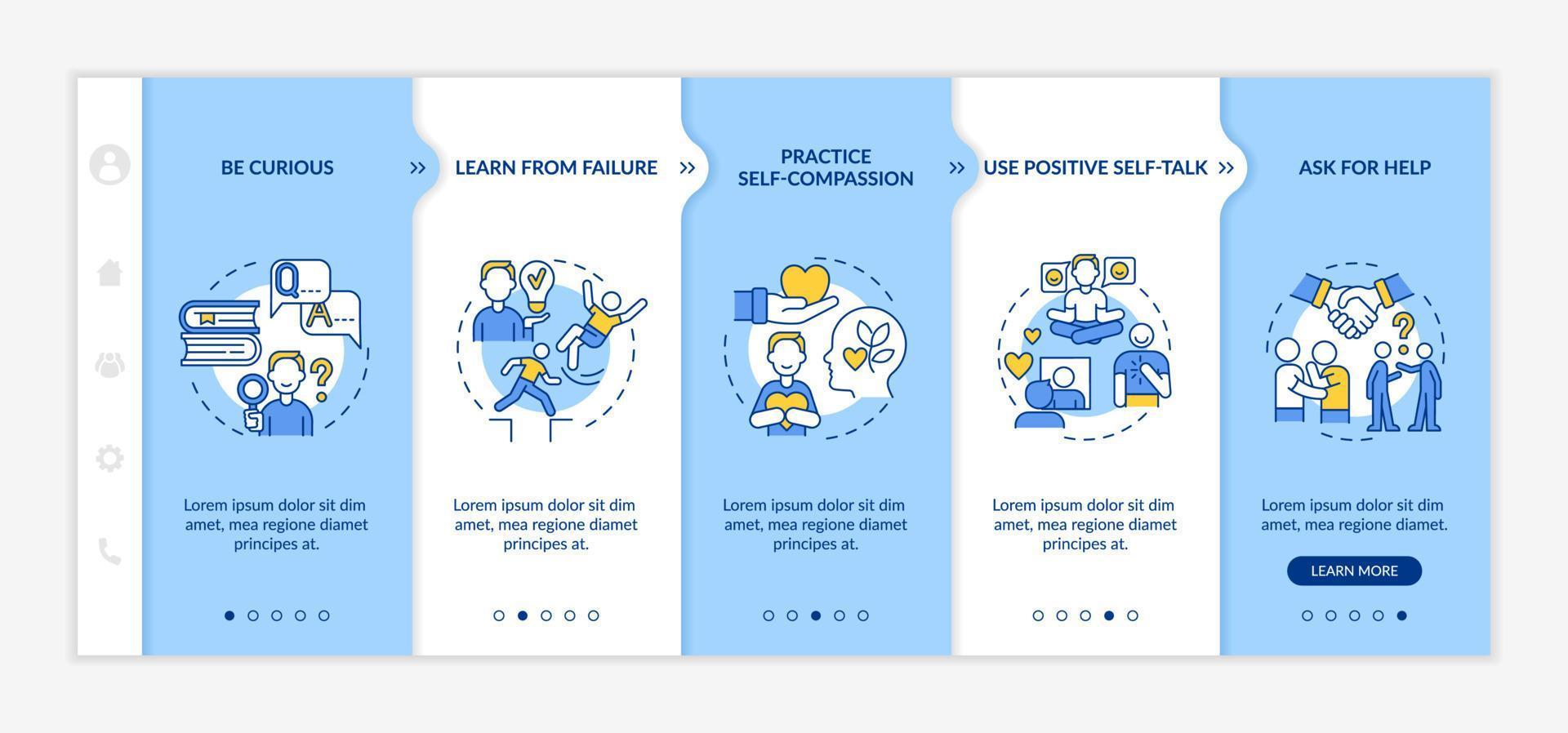 Happiness mindset strategies onboarding vector template. Responsive mobile website with icons. Web page walkthrough 5 step screens. Become happy and confident color concept with linear illustrations