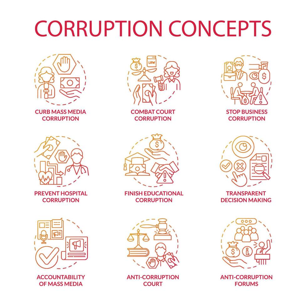 Corruption forms concept icons set. Corrupted government idea thin line color illustrations. Bribe in government. Embezzlement of money. Transparent decission making. Vector isolated outline drawings.