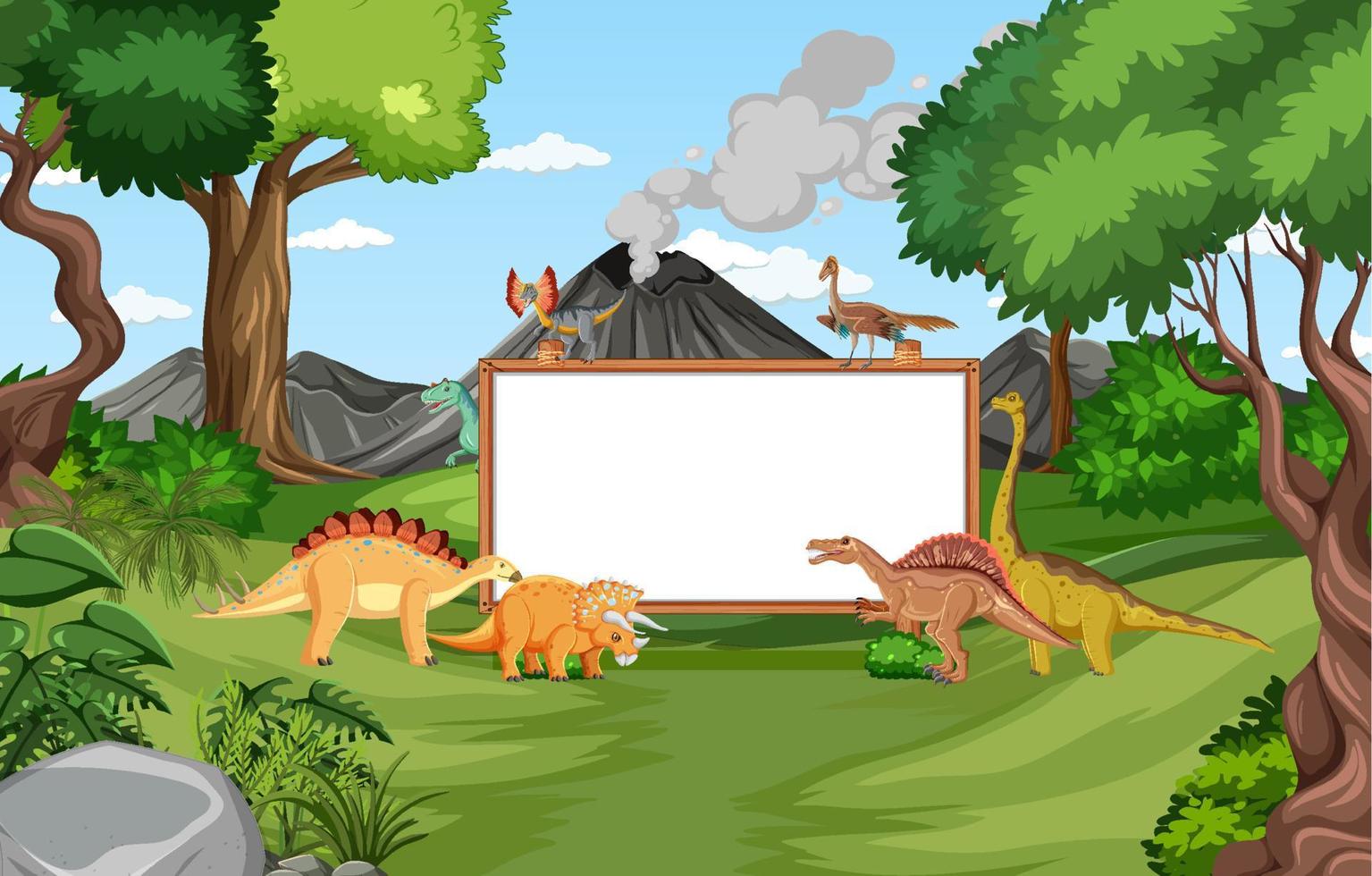 Board design with dinosaurs in forest vector
