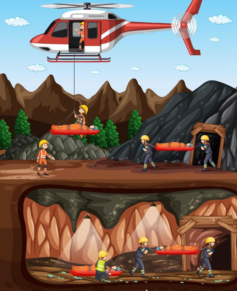 escena subterránea con rescate de bomberos en estilo de dibujos animados vector