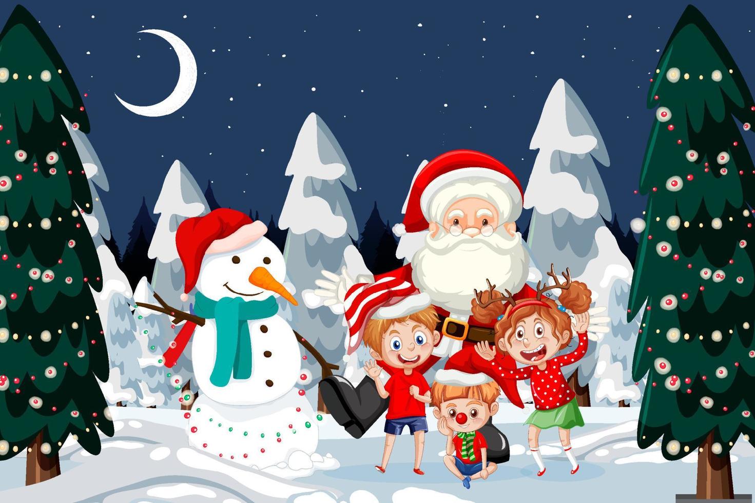 santa y niños felices en escena nocturna nevada vector