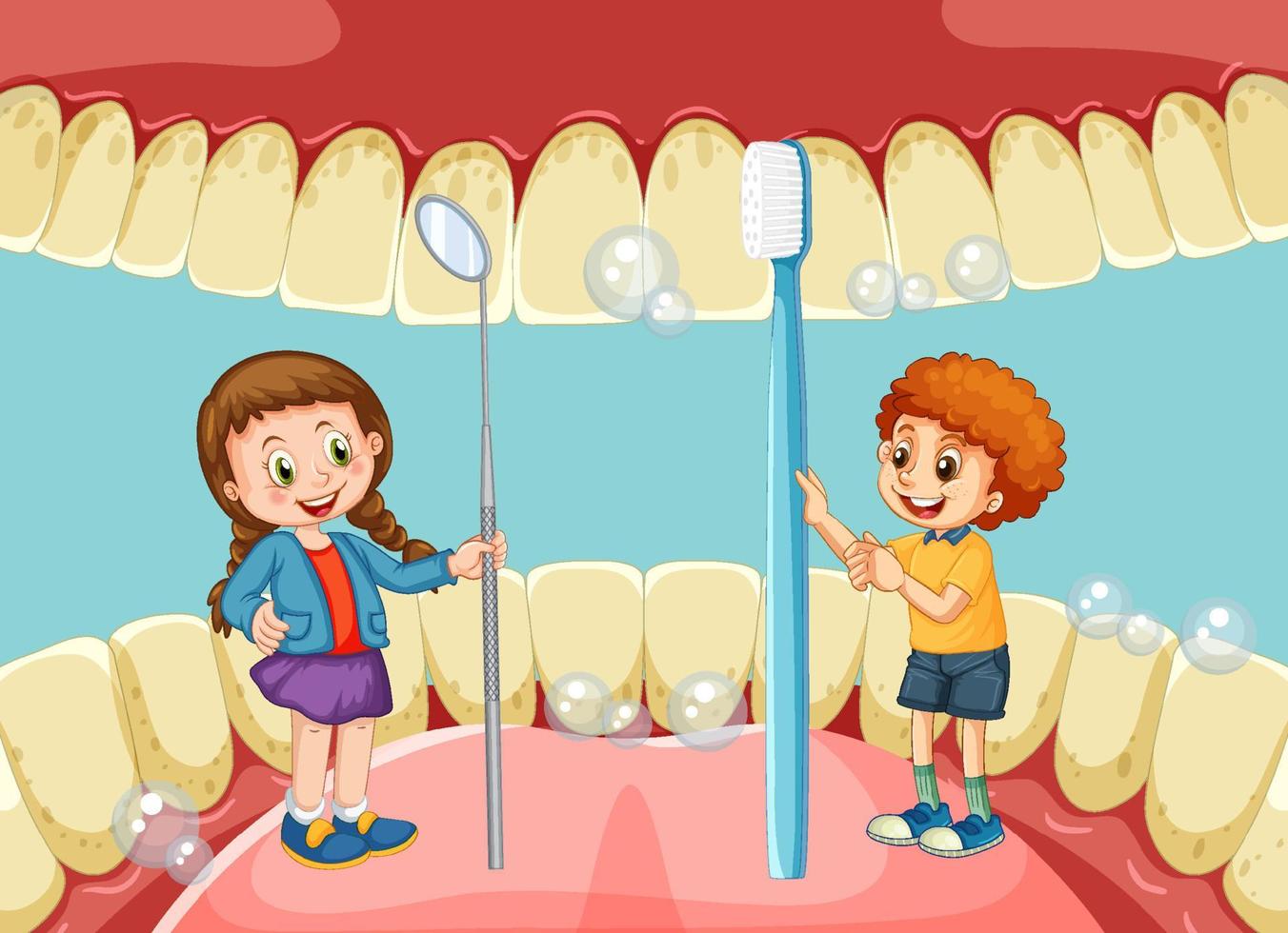 Happy kids holding dental mirror and toothbrush inside human mouth vector