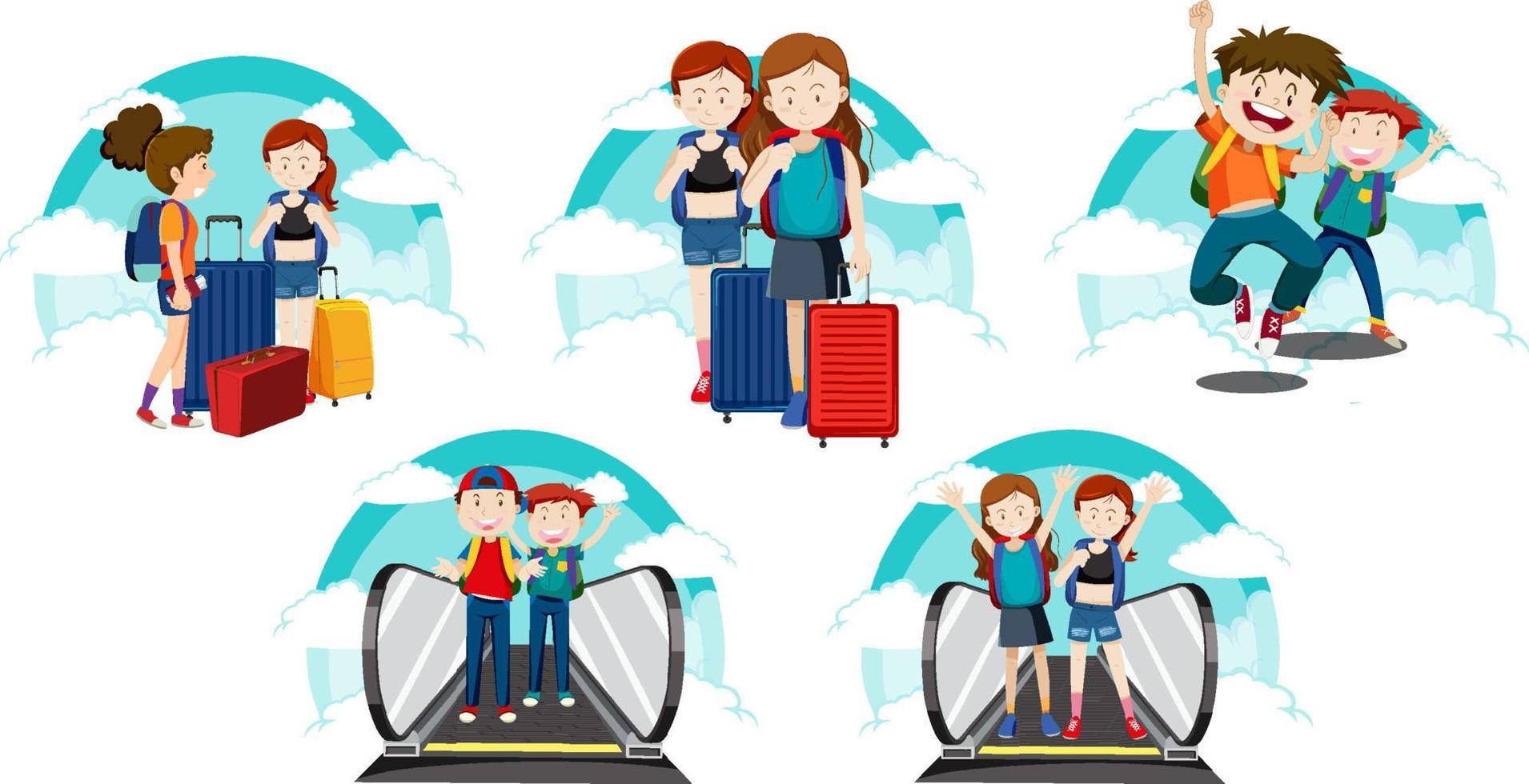A set of Travel holiday theme girls and boy on white background vector