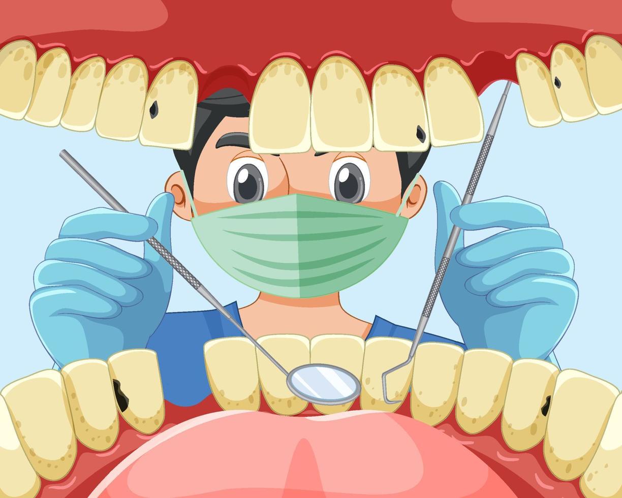 dentista sosteniendo instrumentos examinando los dientes del paciente dentro de la boca humana vector