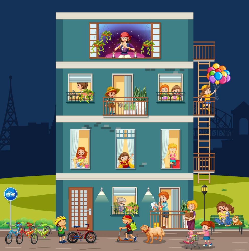 Apartment windows with neighbors cartoon character vector