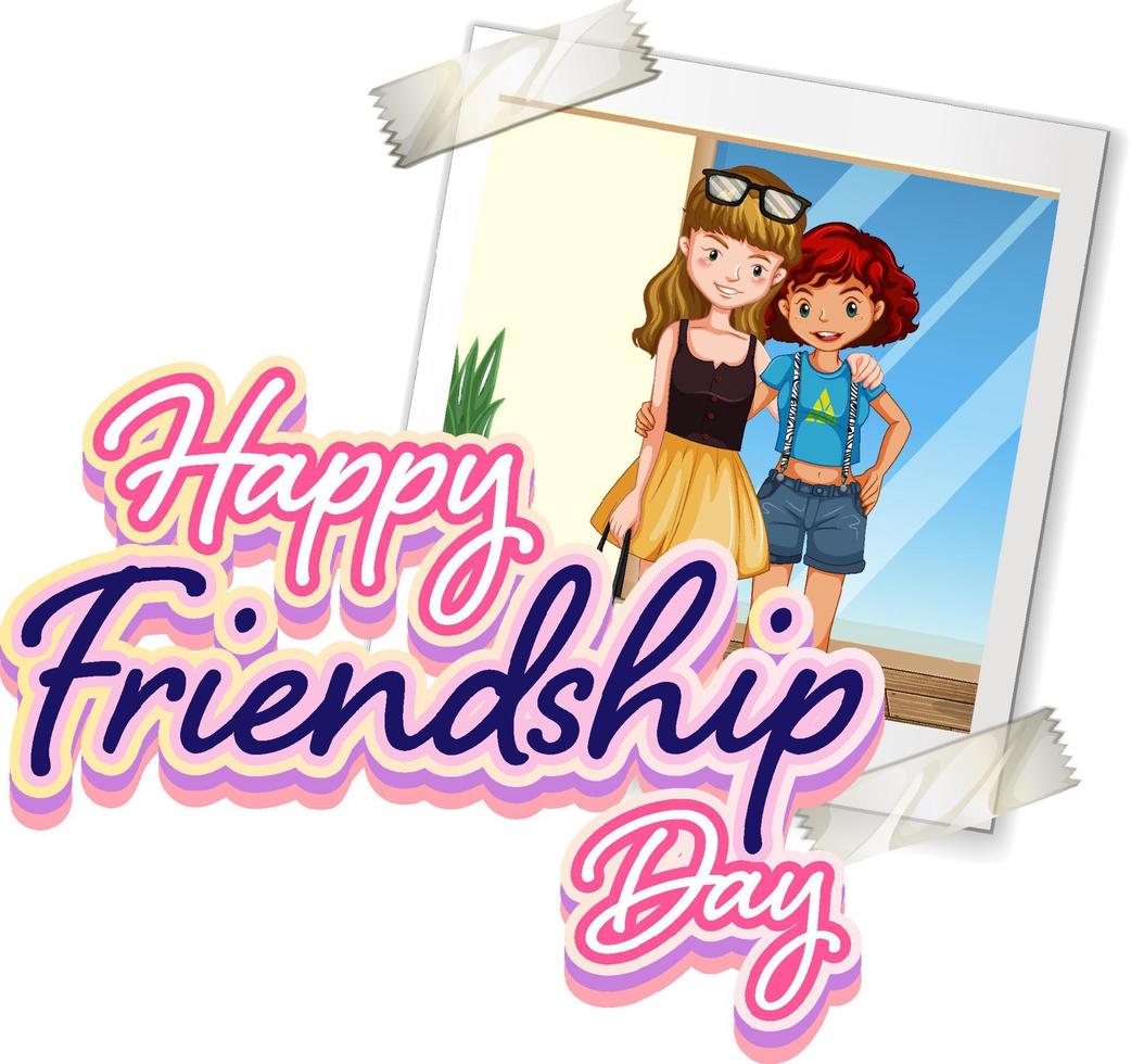 Happy Friendship Day logo banner with photo of two girls vector