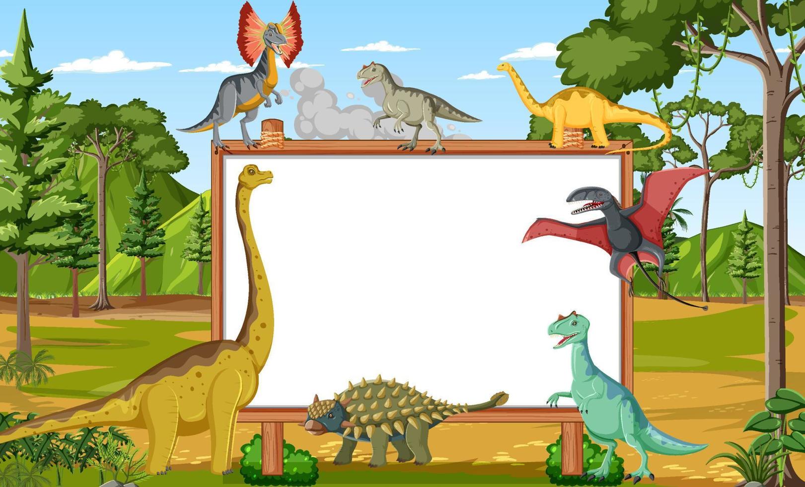 Scene with dinosaurs and whiteboard in the field vector