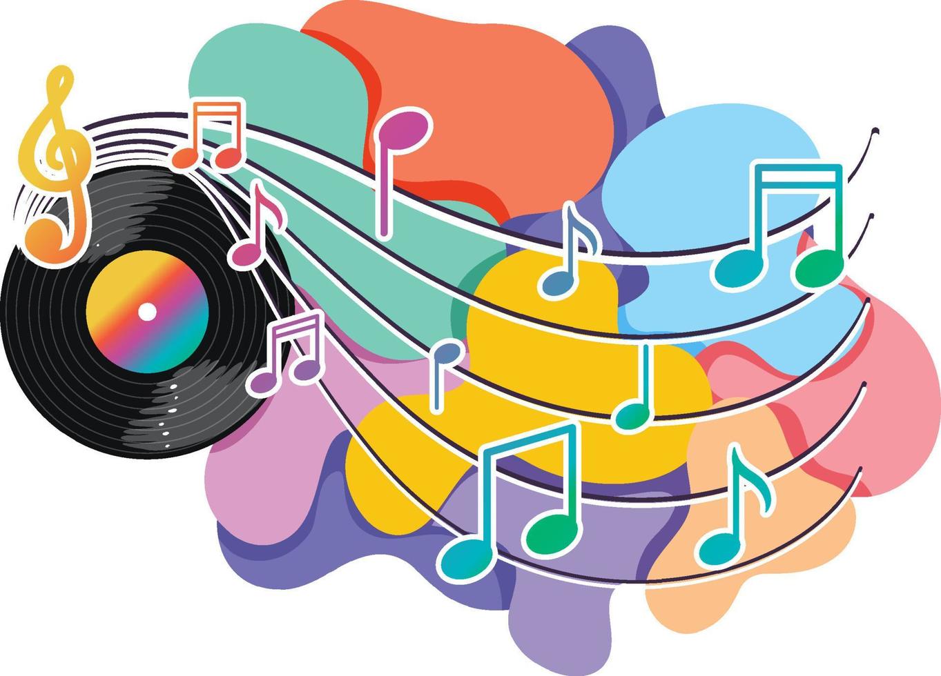 Music notes rainbow colourful with vinyl record on white background vector