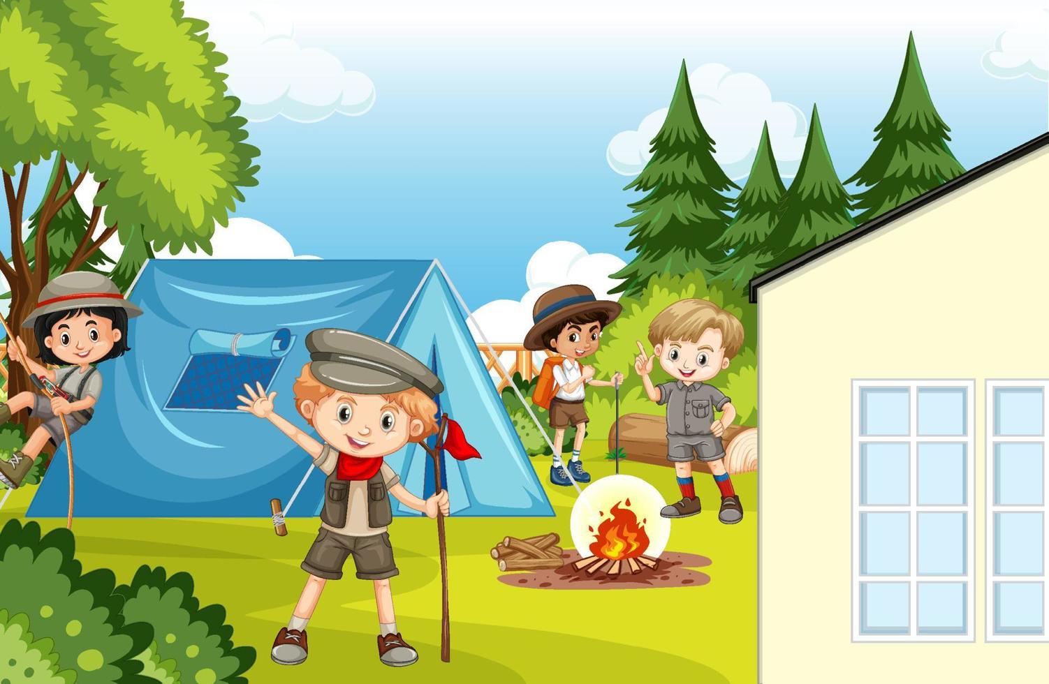 Scene of backyard and camp with kids and fence vector