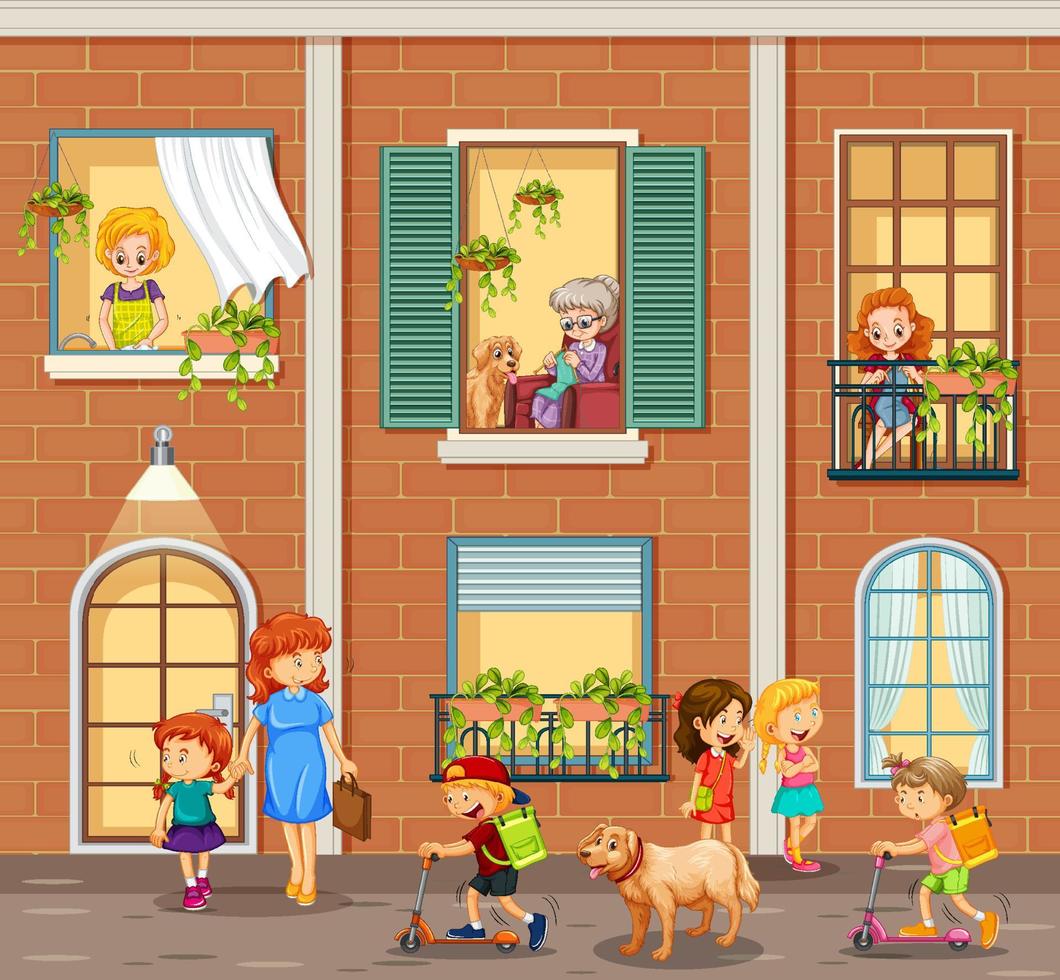 Apartment windows with neighbors cartoon character vector