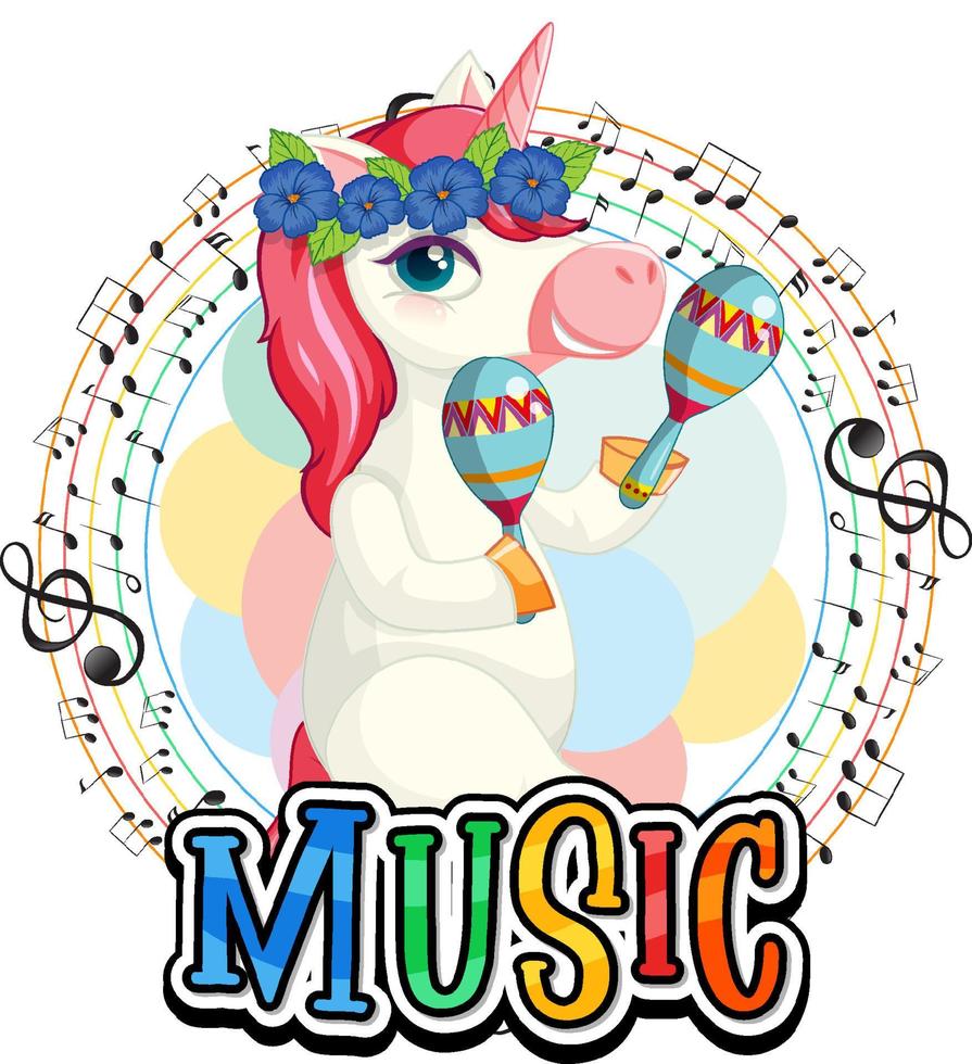 lindo unicornio rosa sacudiendo maracas con notas musicales sobre fondo blanco vector