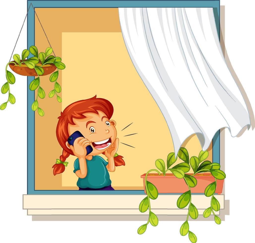 View through the window of a girl talking on phone vector