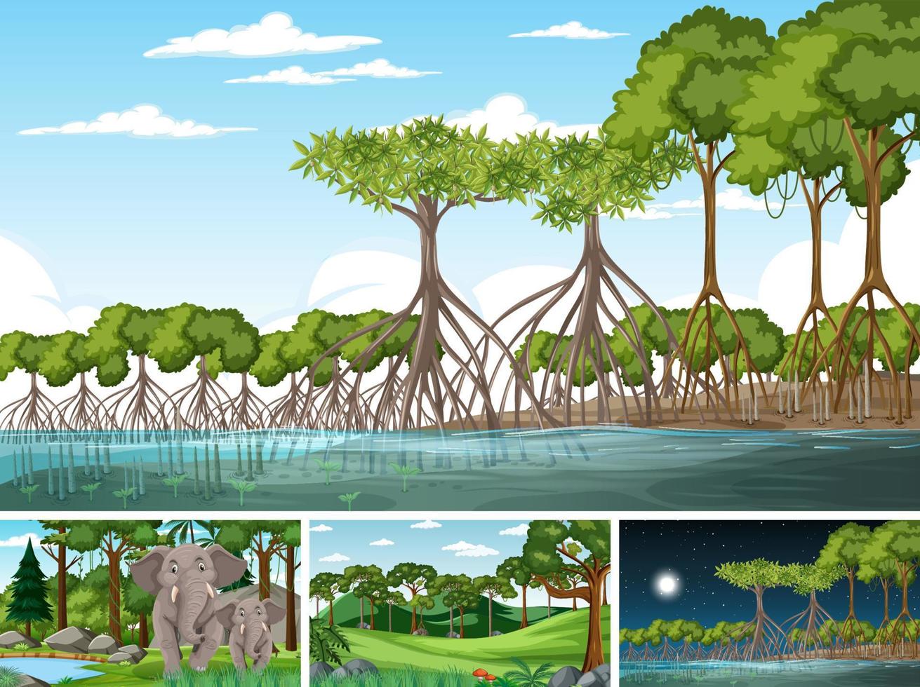 escena con animales salvajes en el bosque vector