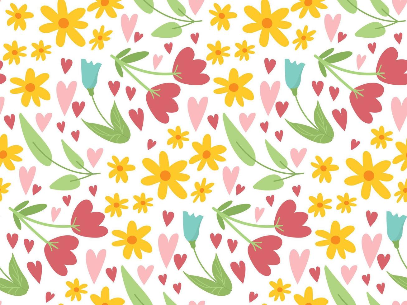 Cute floral Easter spring seamless pattern with simple doodle flowers, leaves and hearts on white background. Hand drawn vector springtime texture