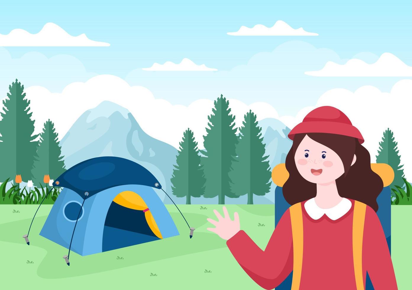 Adventure Tour on the Theme of Climbing, Trekking, Hiking, Walking or Vacation with Forest and Mountain Views in Flat Nature Background Poster Illustration vector