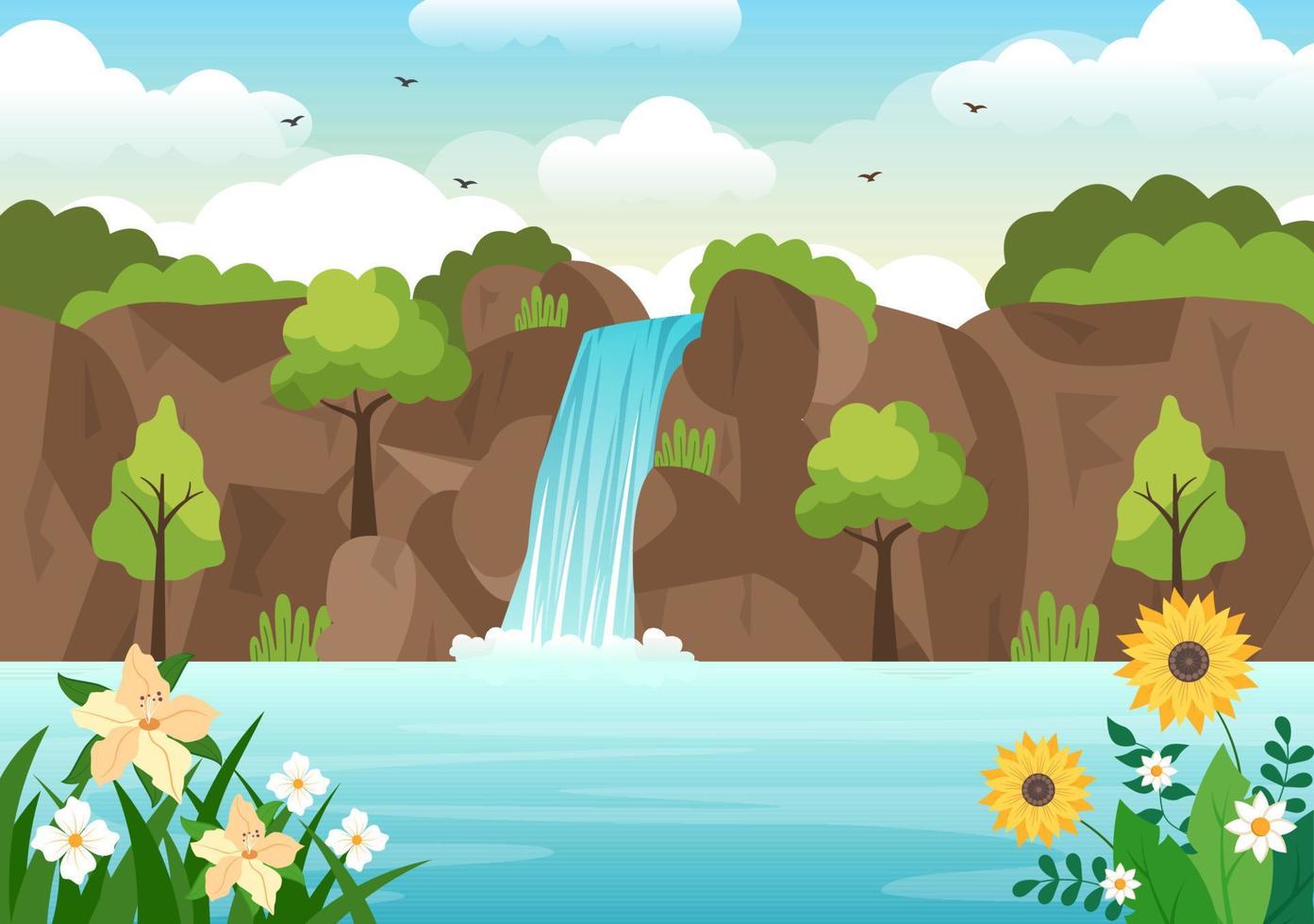 Waterfall Jungle Landscape of Tropical Natural Scenery with Cascade of Rocks, River Streams or Rocky Cliff in Flat Background Vector Illustration