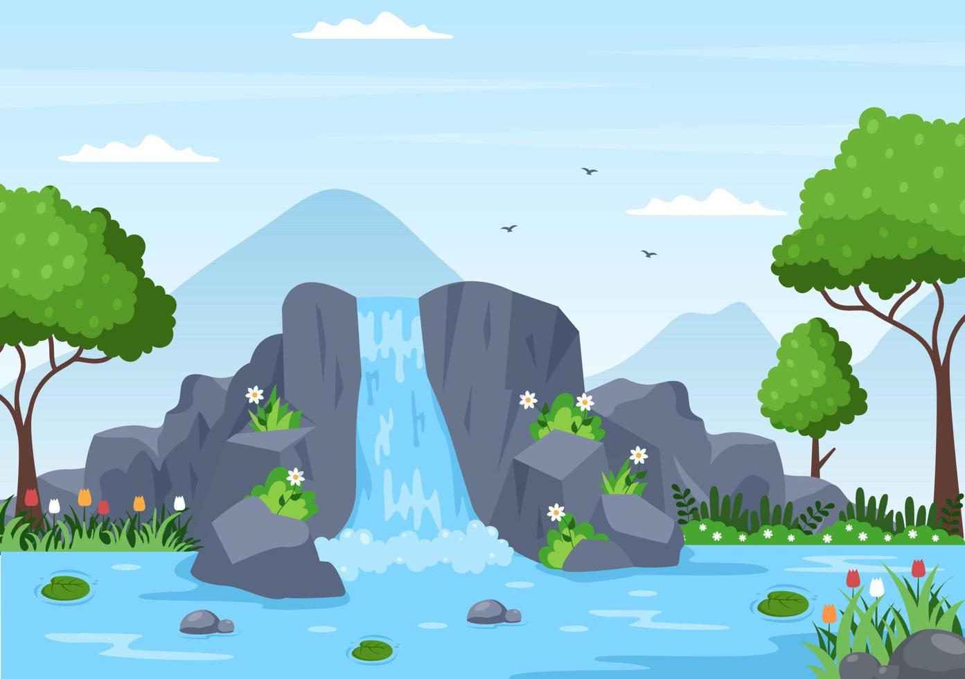 Waterfall Jungle Landscape of Tropical Natural Scenery with Cascade of Rocks, River Streams or Rocky Cliff in Flat Background Vector Illustration