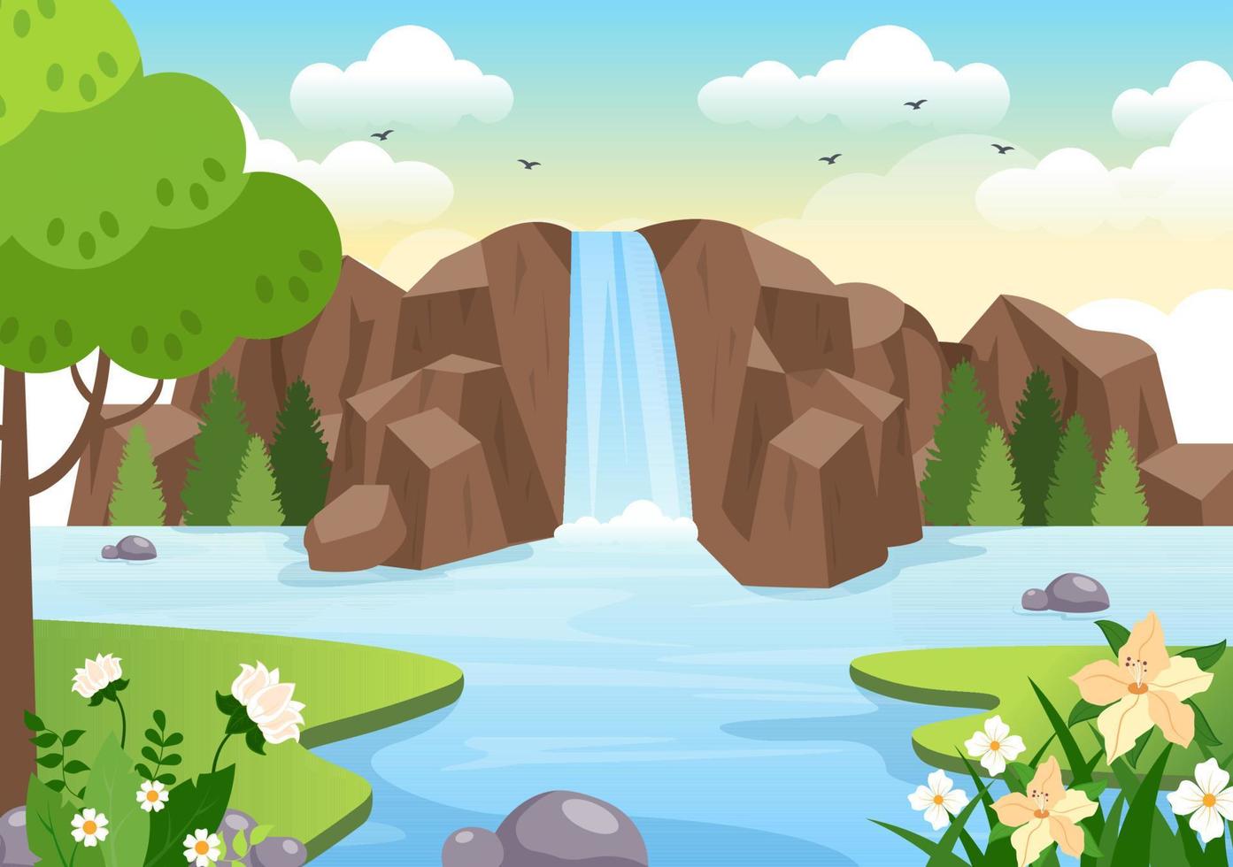 Waterfall Jungle Landscape of Tropical Natural Scenery with Cascade of Rocks, River Streams or Rocky Cliff in Flat Background Vector Illustration