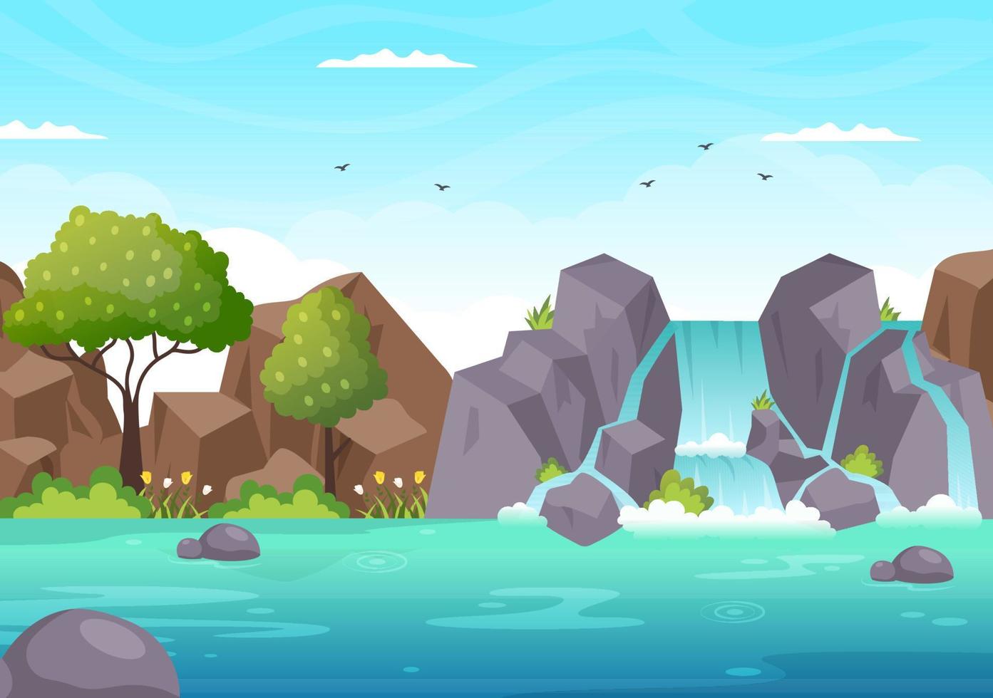 Waterfall Jungle Landscape of Tropical Natural Scenery with Cascade of Rocks, River Streams or Rocky Cliff in Flat Background Vector Illustration