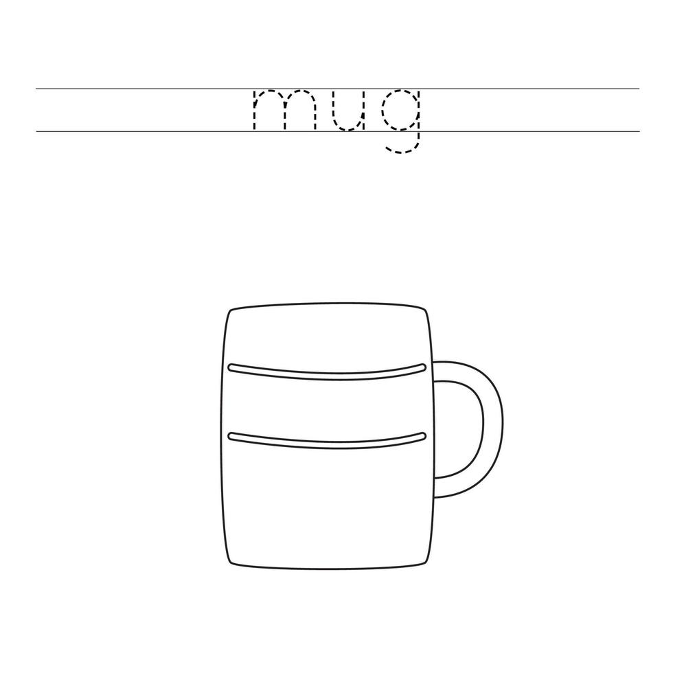 Trace the letters and color mug. Handwriting practice for kids. vector