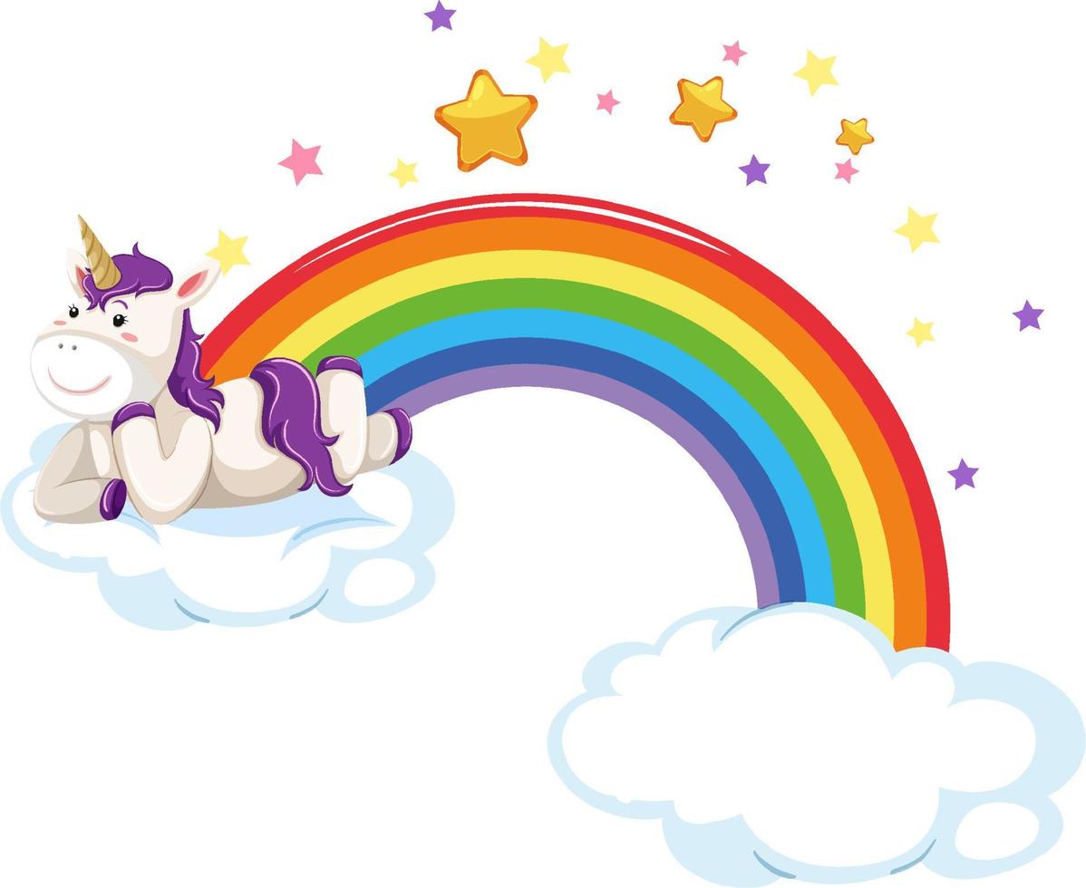 Little unicorn lying on a cloud with rainbow vector