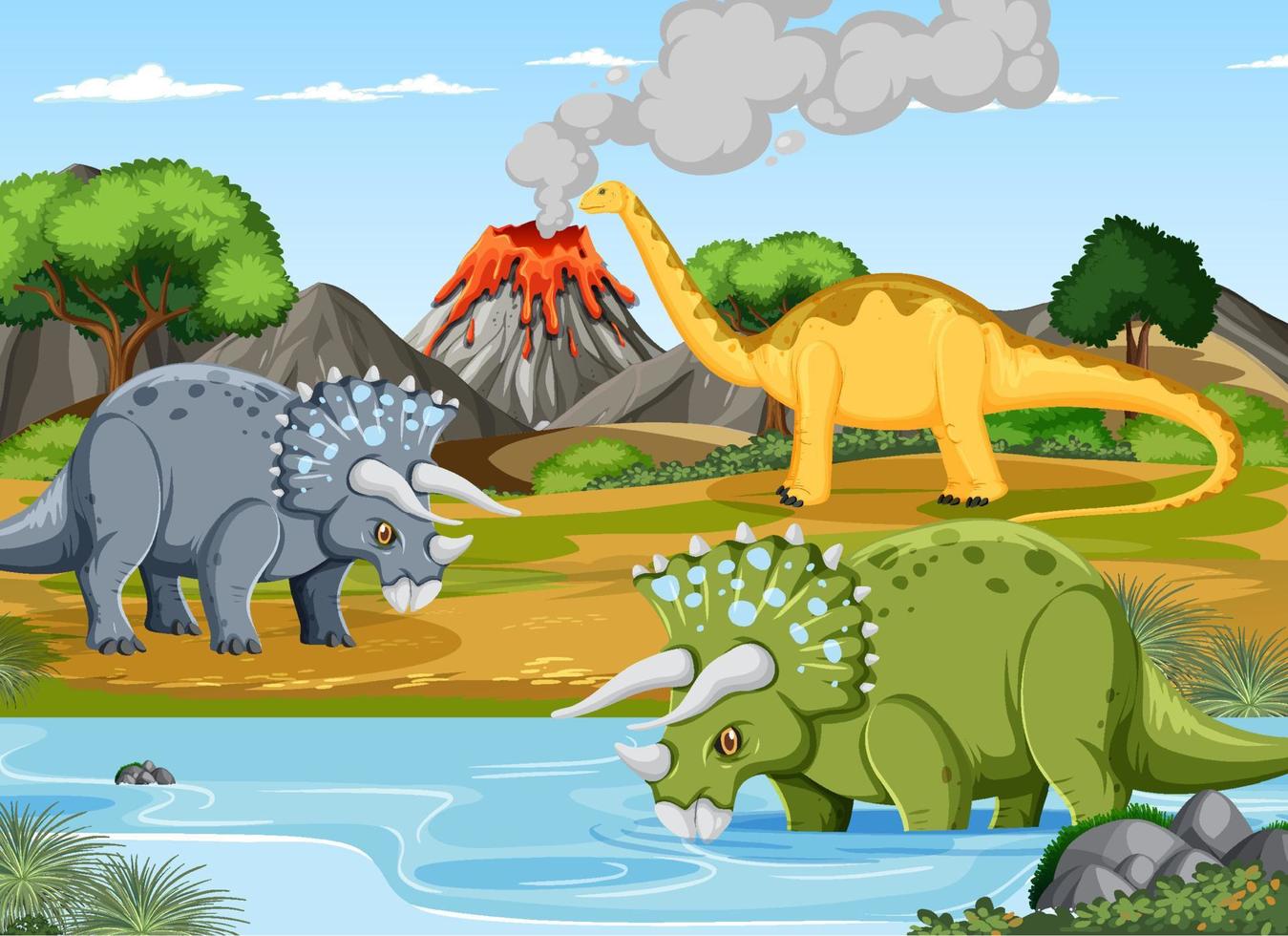 dinosaurio en la escena del bosque prehistórico vector