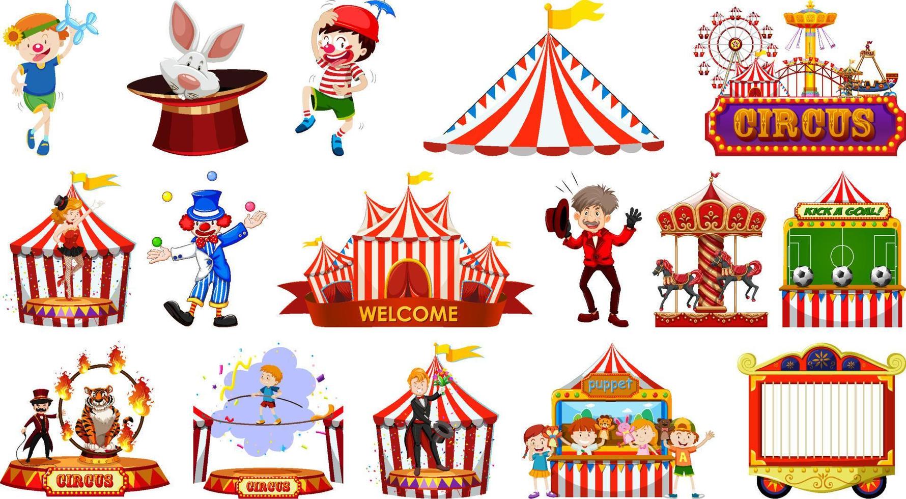 conjunto de personajes de circo y elementos del parque de atracciones. vector