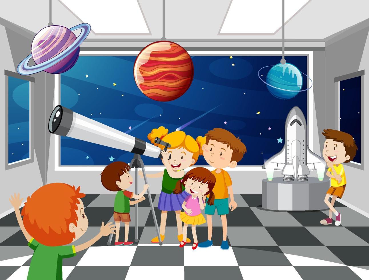 niños mirando el planeta con telescopio vector