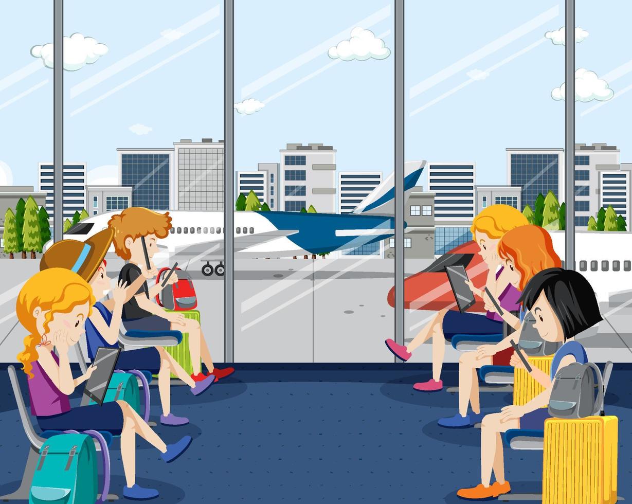 Passengers waiting at a departure gate scene vector
