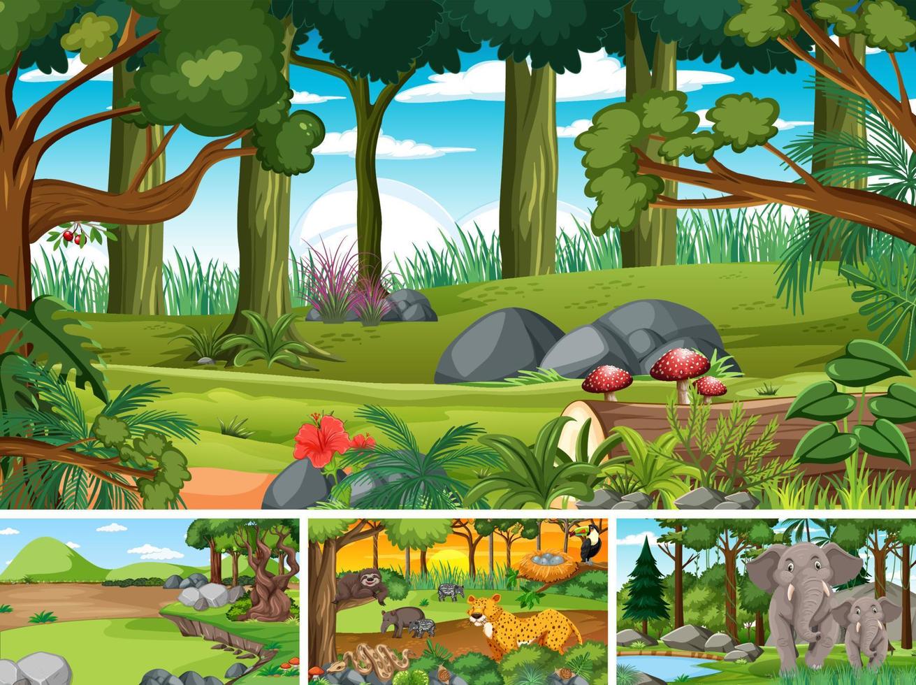 Four forest scenes with wild animals vector