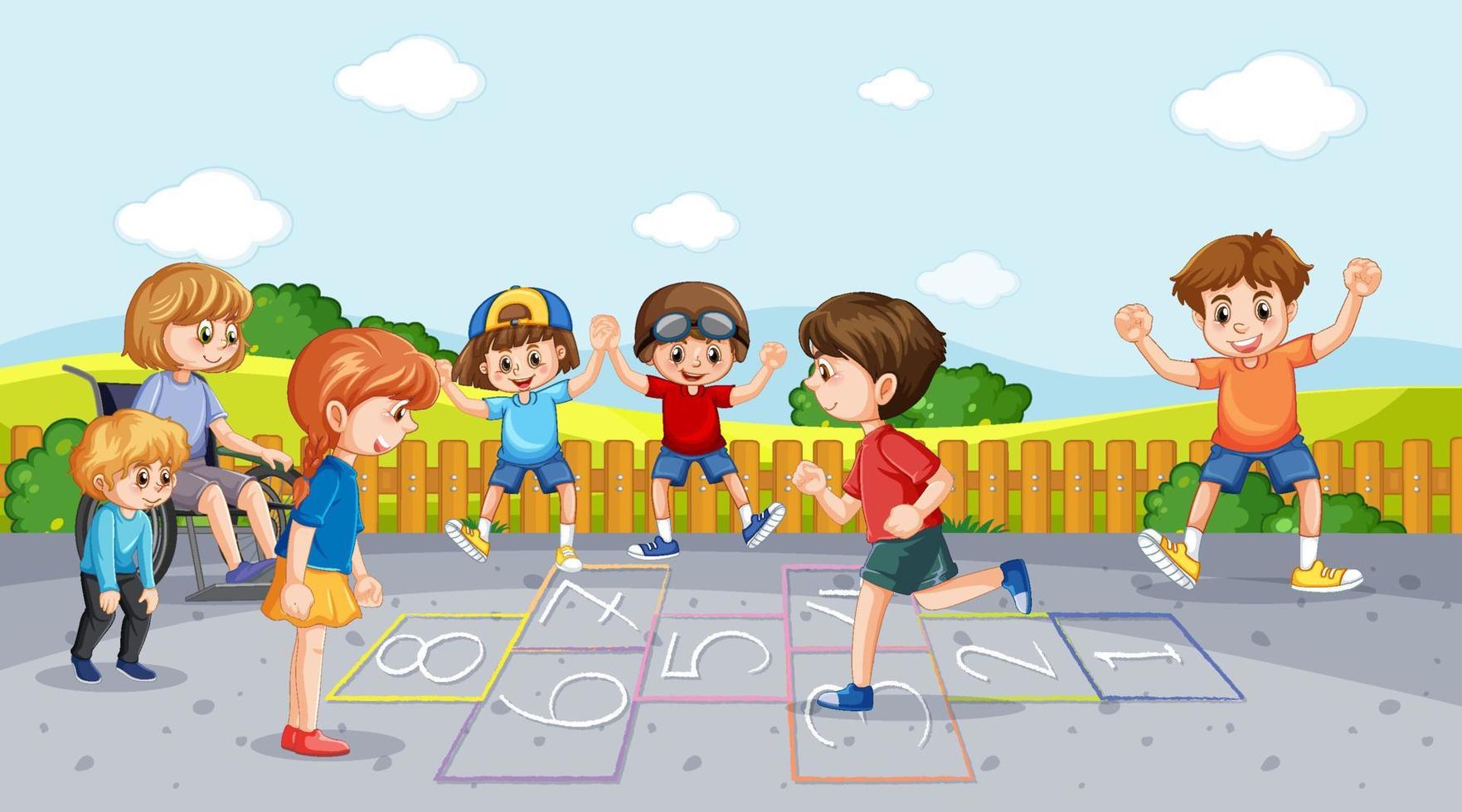 Happy children playing hopscotch on playground vector