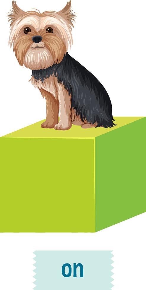 Prepostion wordcard design with dog on box vector