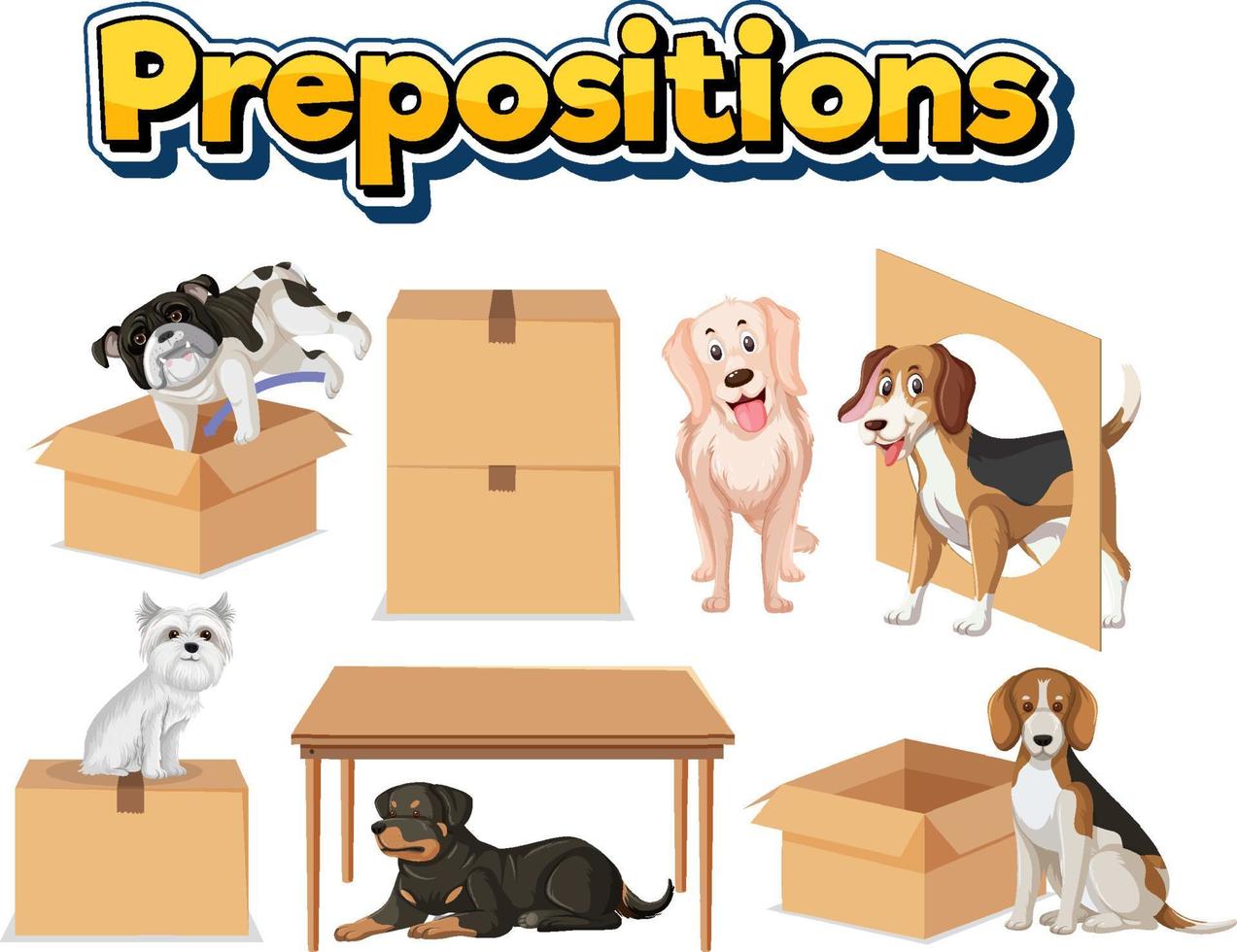 diseño de wordcard de preposición con perro y cajas vector