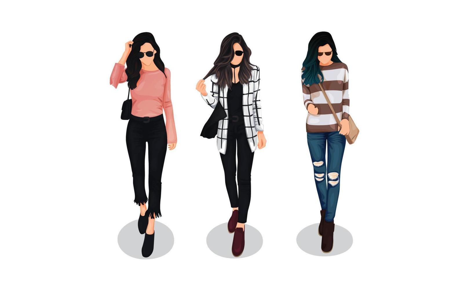 A Girl with curly ombre black hair uses comfort casual outfit like striped sweater, blazer, shirt, blue jeans, sneaker shoes, bag and sun glasses for a bright day vector