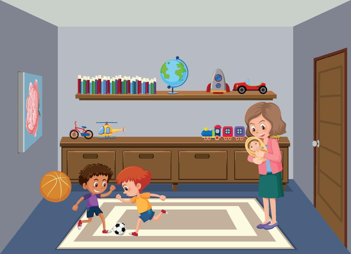 Living room scene with family members vector