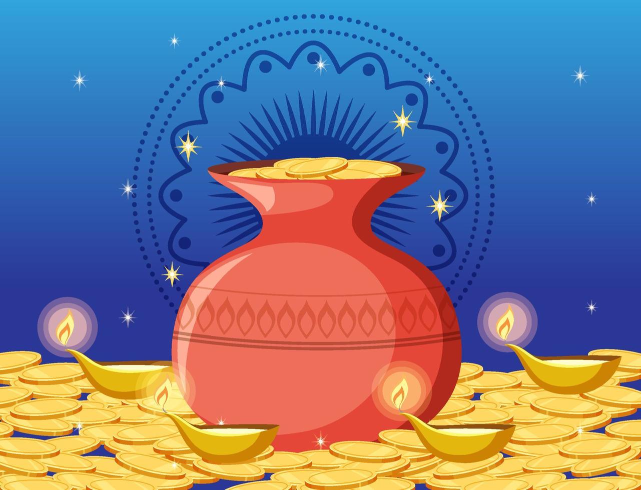 Pot of golden coins and candles vector