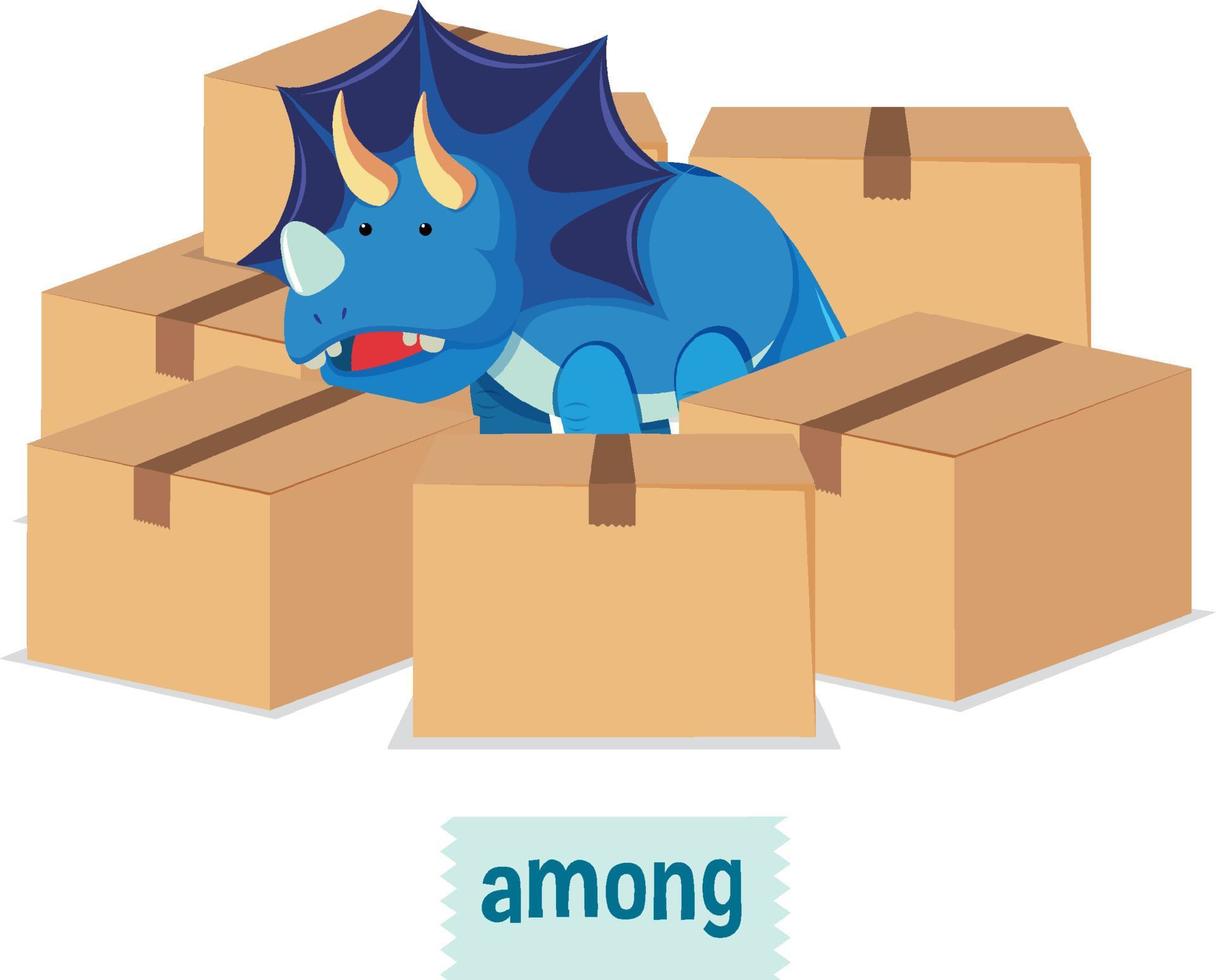 Preposition of place with cartoon dinosaur and boxes vector