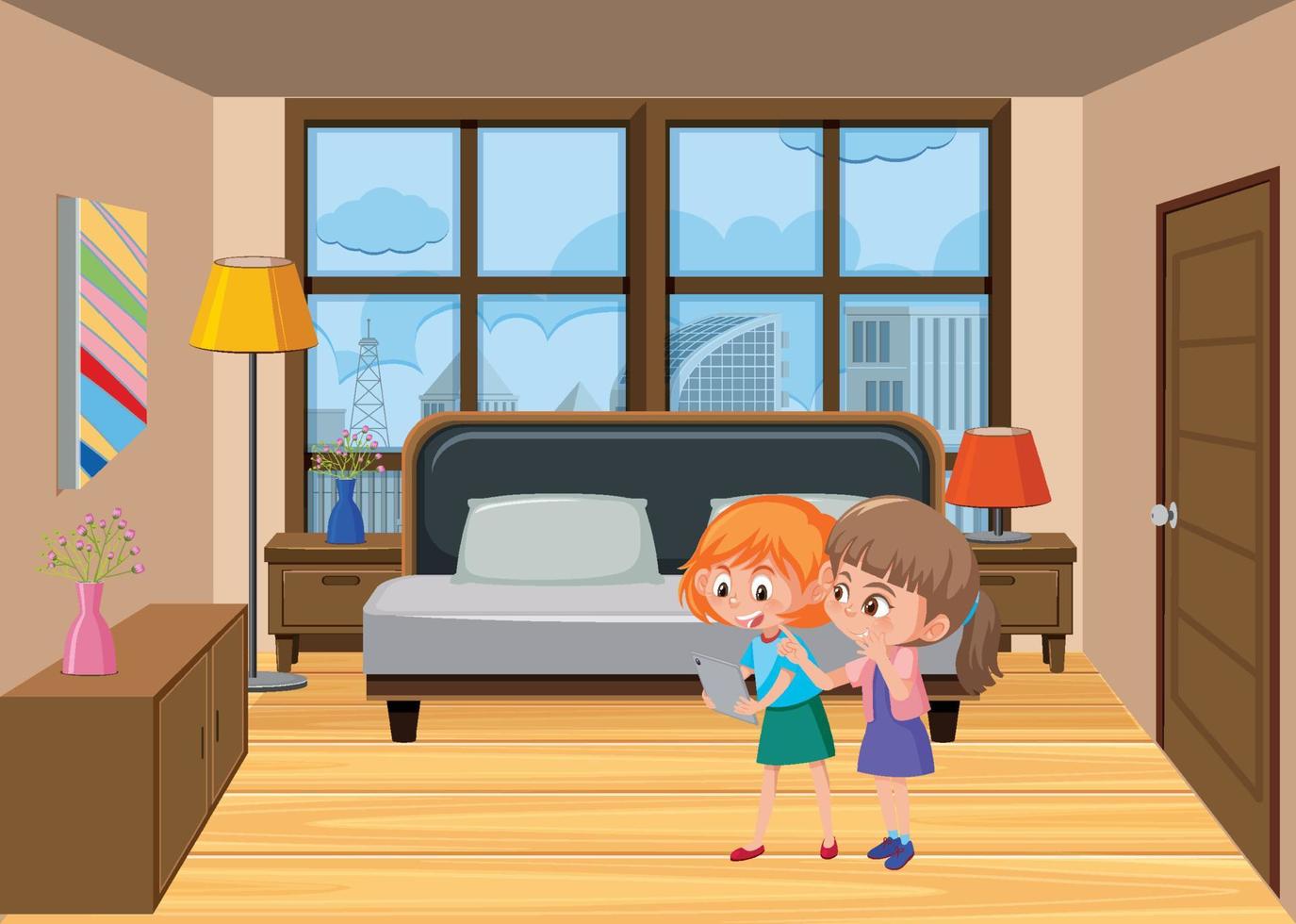 Bedroom scene with family members vector