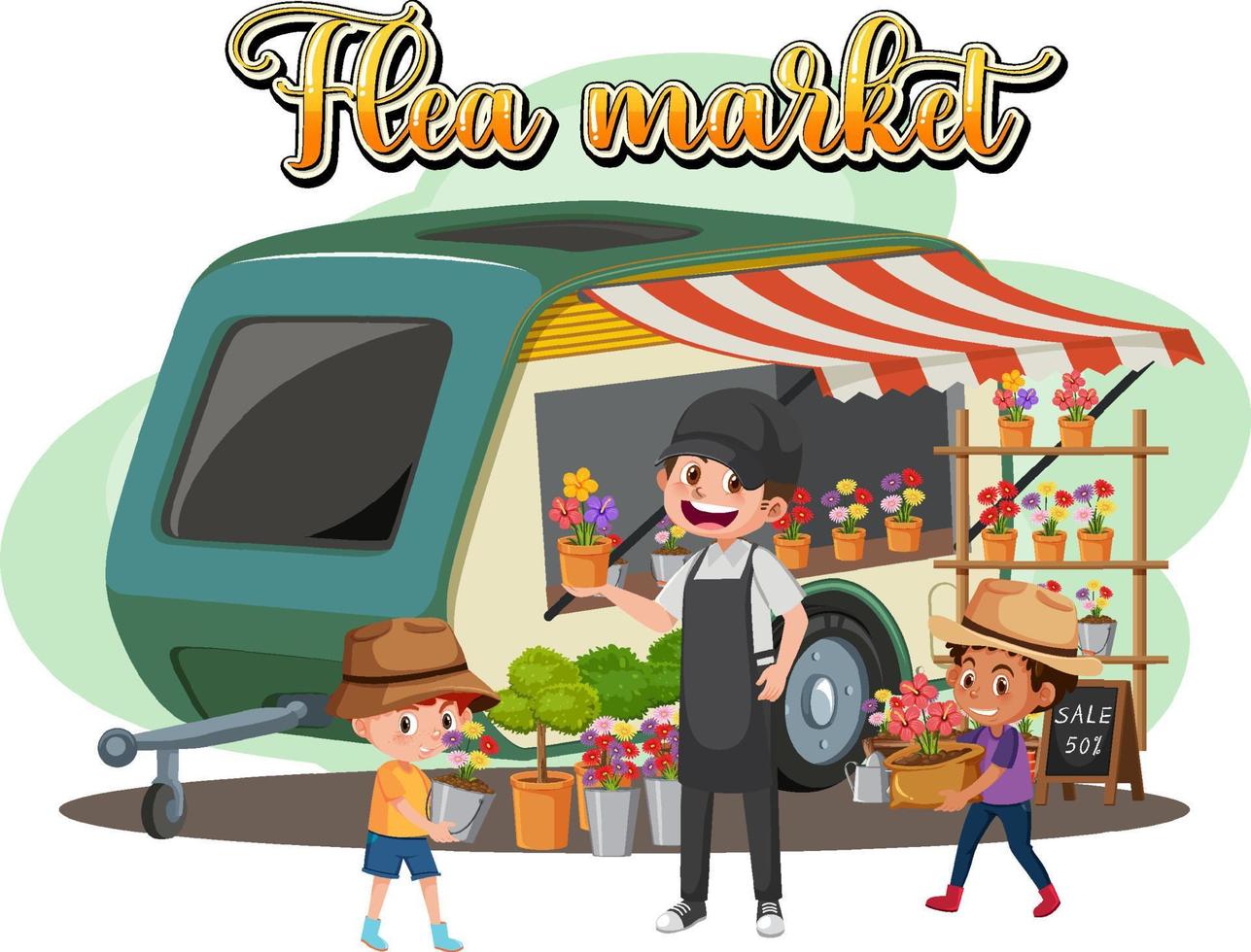 Flea market concept with cartoon character vector