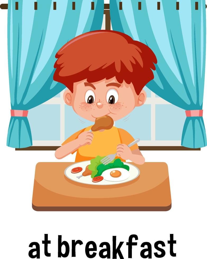 English prepositions of time with kid have a breakfast scene vector