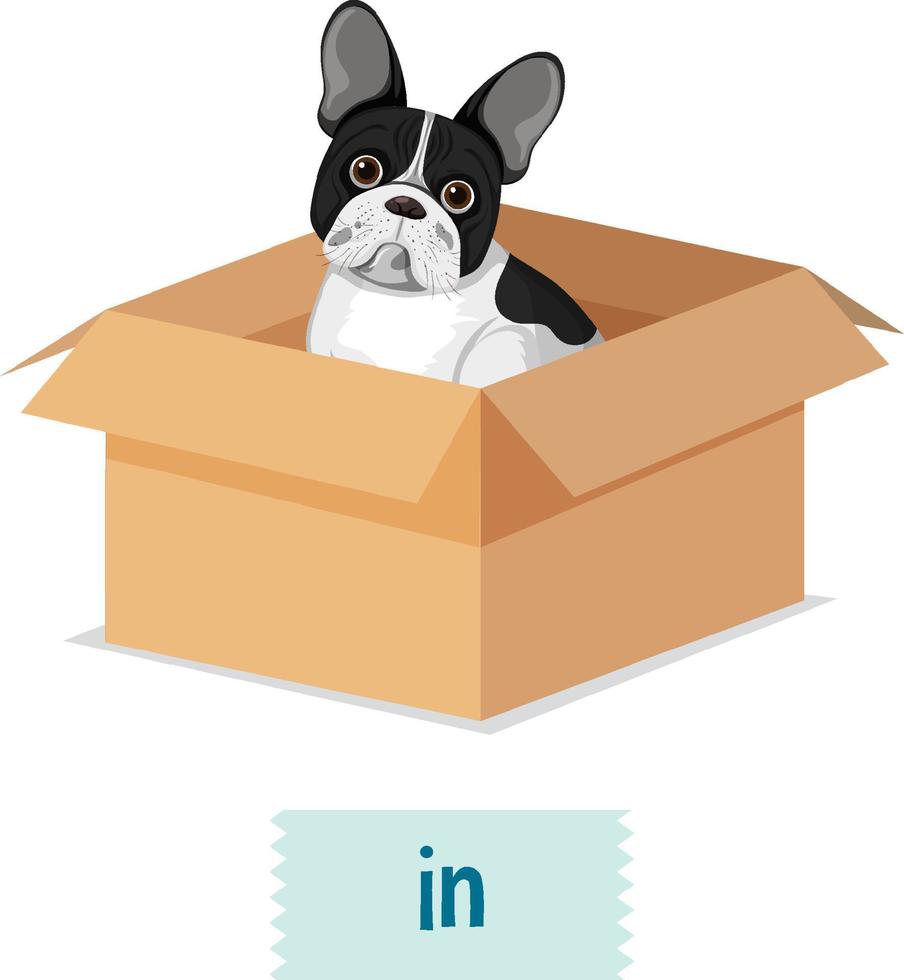 diseño de wordcard de preposición con perro en caja vector