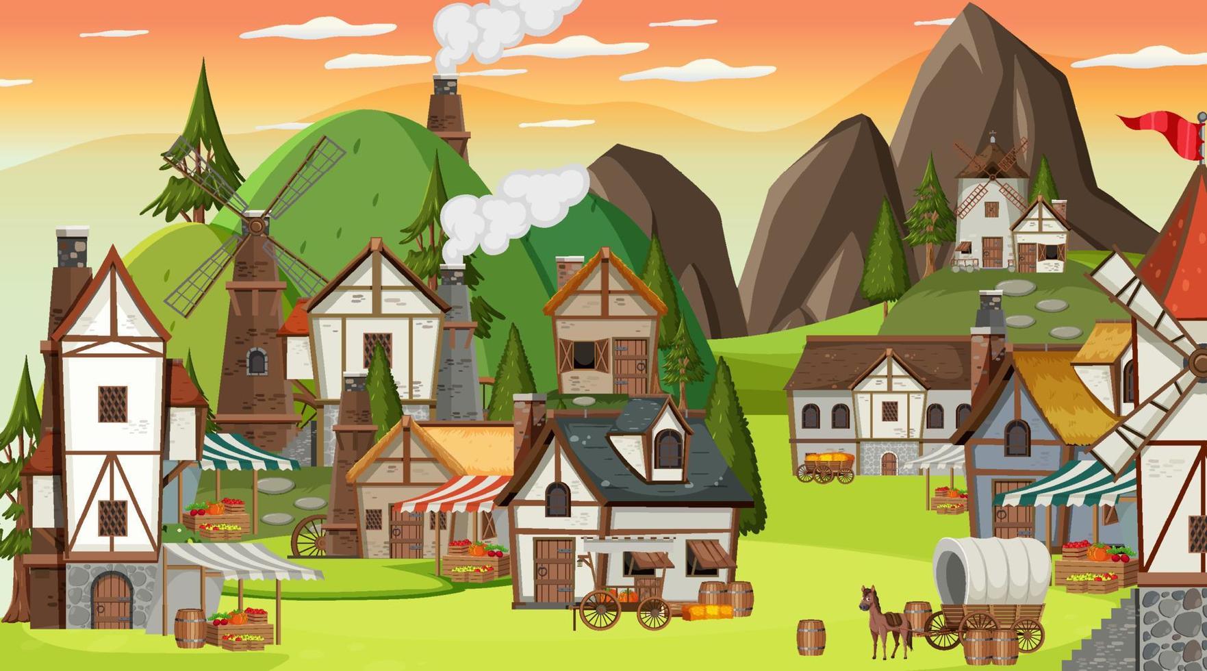 Medieval town scene with villagers vector