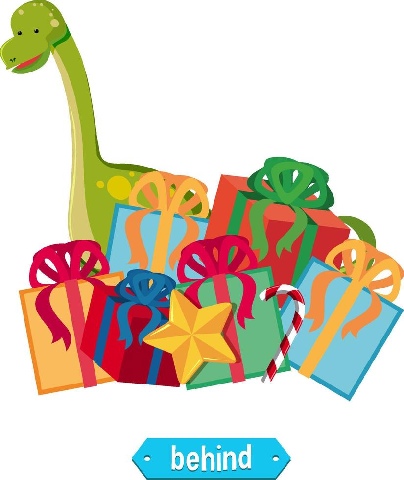Prepostion wordcard design with dinosaur and boxes vector