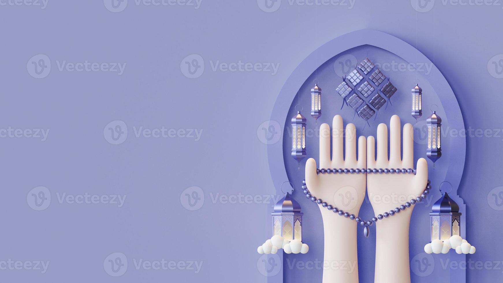 Eid Al Fitr Landing Page Template With Pray Hand Gesture 3D Render Illustration photo