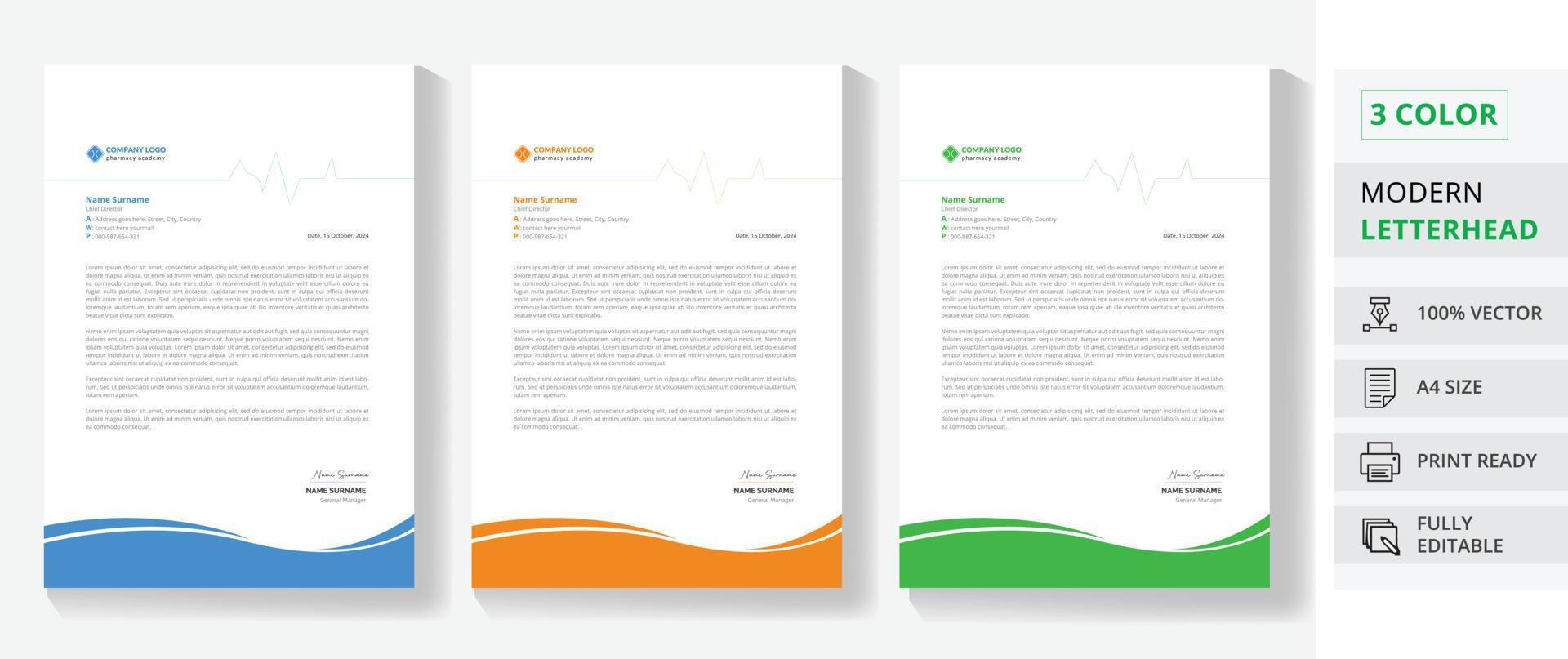 diseño de membrete profesional con página de tamaño a4 en 3 colores vector