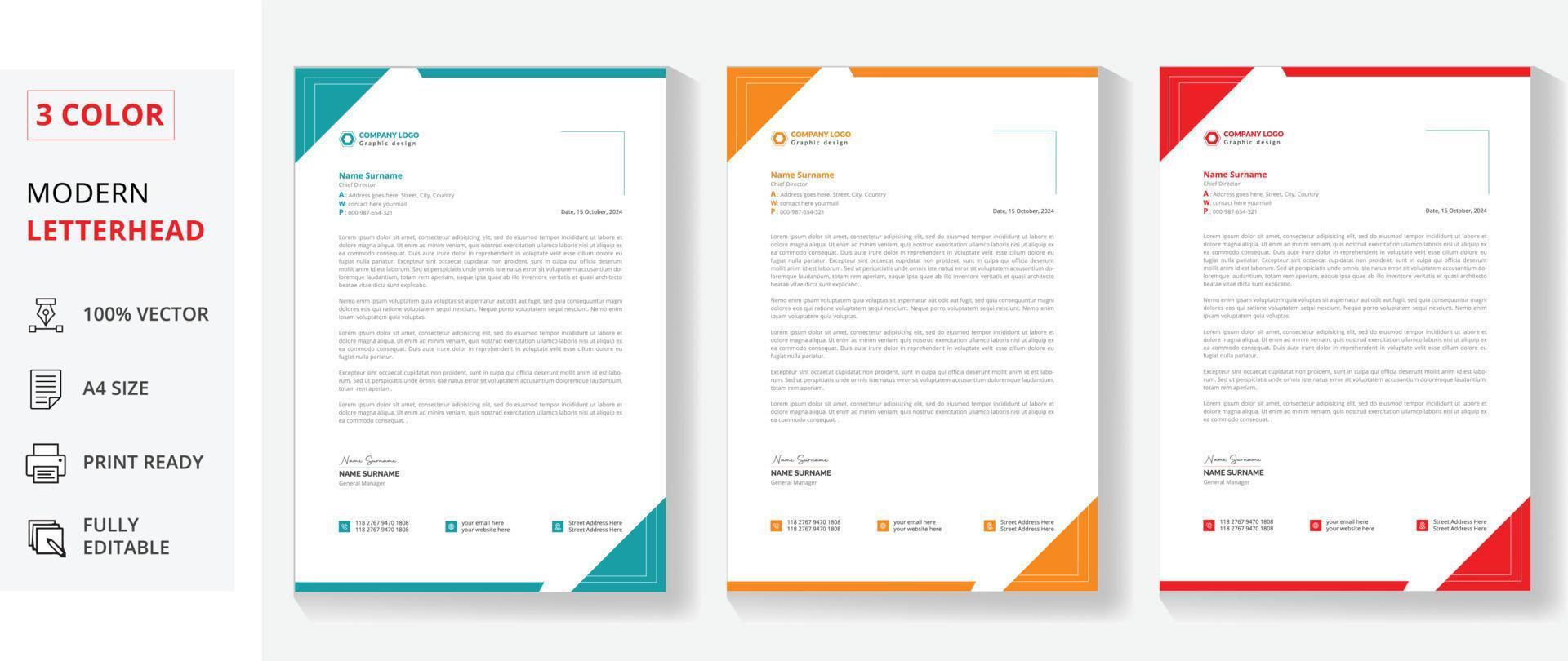 creative business letterhead template free vector with 3 color blue, orange, red