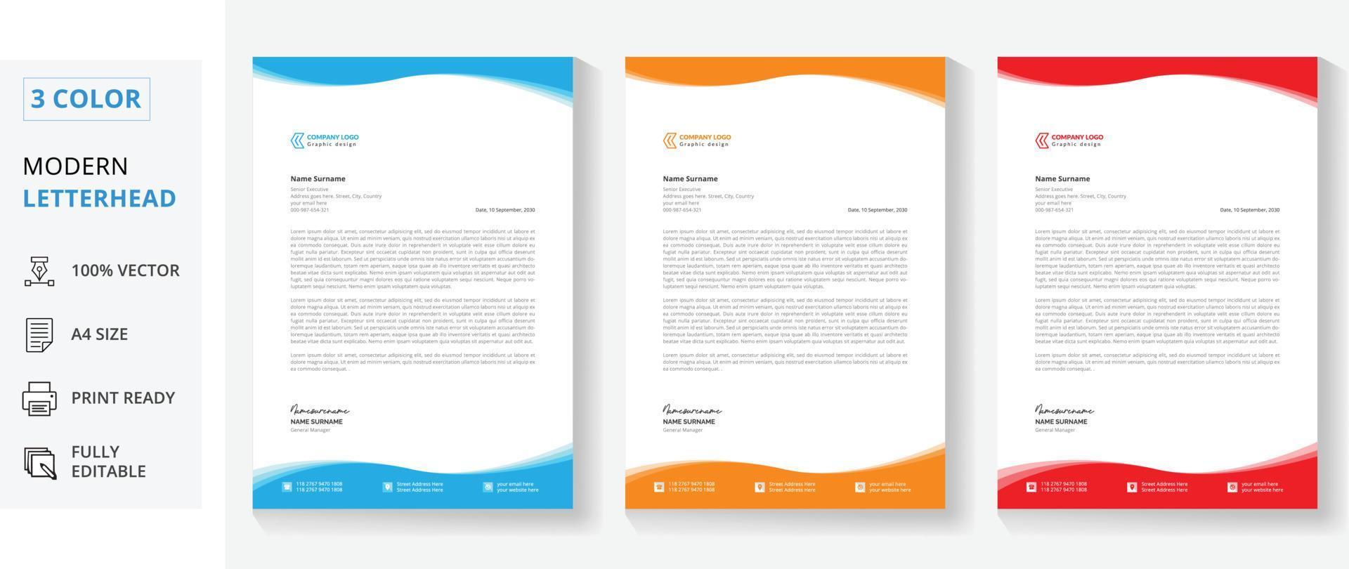 creative business letterhead template free vector with 3 color blue, orange, red